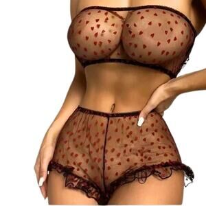 Lingerie 2 piece set black sheer tube top ruffles bottom size large